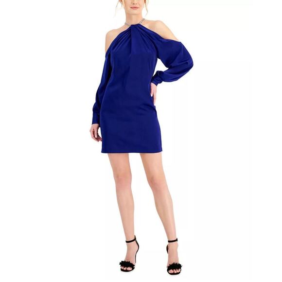 Aidan Aidan Mattox Halter Chain Cold Shoulder Mini Dress Women's 10 Blue NWT - Picture 1 of 13